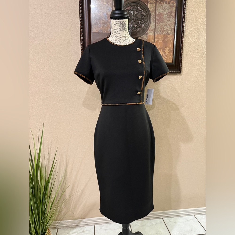 EnFocus Studio Black Midi Dress with animal print details and Gold Buttons